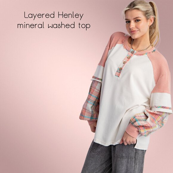 EASEL "Alabama Top - Talladega" Loose Fit Henley Layered Look Mineral Washed Top - Picture 11 of 14